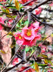 pink flowers on a branch painted with large strokes brush acrylic oil