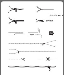 A set of icons for zippers and scissors. Set for packs, shows the place of opening. EPS10.  © realstockvector