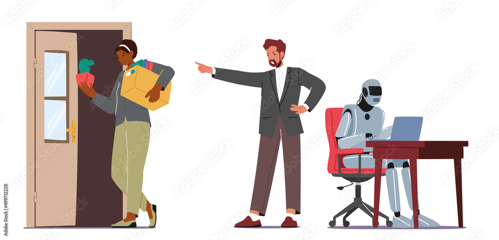 Poster cyborg replace people at job. robotics industry, artificial intelligence concept. robot replace empl