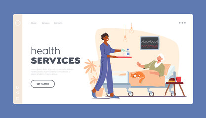 Health Services Landing Page Template. Senior Patient Female Character Lying in Clinic Ward. Nurse Bring Medicine Pills