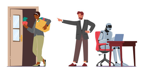 Cyborg Replace People at Job. Robotics Industry, Artificial Intelligence Concept. Robot Replace Employee at Work