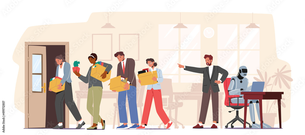 Poster boss replacing employees on robot. workers characters leaving office with stuff in boxes due to dism