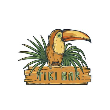 Toucan with wooden signboard and leaves for design of tropical beach bar. Summer print with exotic bird and plants for hawaii tiki bar