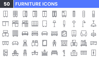 Fototapeta na wymiar Home Furniture and Interior Design vector line icon set. Contains linear outline icons like Living Room, Bedroom, Sofa, Chair, Table, TV, Desk, Lamp, Fireplace. Editable use and stroke for web.