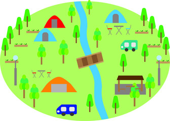 自然豊かなキャンプ場でテントやベンチを設営している風景のイラスト・アウトドア・レジャー