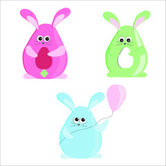 Three Easter bunnies. Avocado rabbit. Easter eggs. Vector illustration.