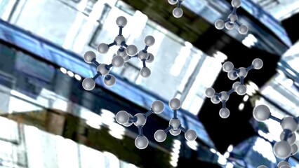 Molecular structure of silver-blue atom under space ship background. Concept image of vaccine development, regenerative and advanced medicine. 3D illustration. 
