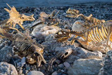 extinct dinosaur skeletons and skulls archaeological excavations, the concept of extinction of...