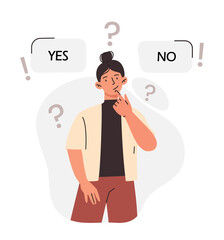 Choice between yes or no concept. Thoughtful woman makes decision between positive and negative, true or false. Metaphor for finding solution to problem or selection. Cartoon flat vector illustration