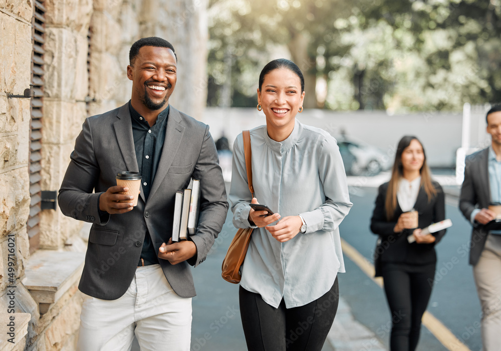 Aufkleber choose your business partners wisely. shot of two lawyers walking to work while having a conversatio