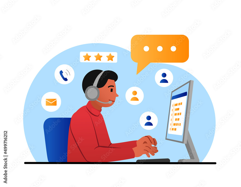 Poster technical support concept. man in headphones communicates with client and types answer on computer. 
