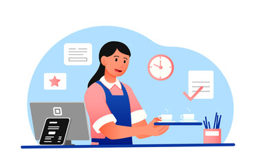 Woman with tray. Waiter fulfills order, customers waiting for hot drinks, tea or coffee in mugs. Saleswoman or owner of small cafe. Convenient modern service. Cartoon flat vector illustration