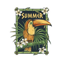 Summer toucan with tropical leaves. Tropic background with bird and flowers for print and hawaii tiki bar © Casoalfonso