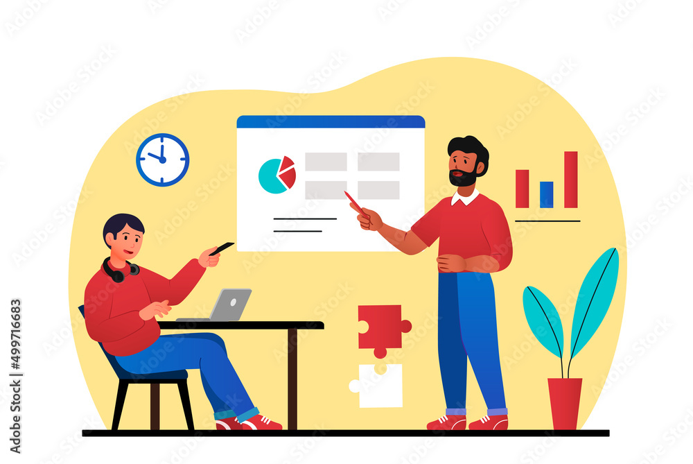 Poster concept of presentation. man points to graphs and charts. information and statistics. lecture and pu
