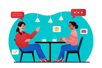Chatting and drinking. Two girls in cafe or restaurant, employees or students with hot drinks. Mugs with coffee or tea, morning vigor, comfortable communication. Cartoon flat vector illustration