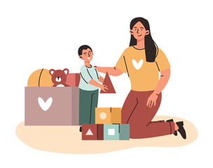 Woman with kid. Mother helps boy build houses from figurines. Parent and children, joint entertainment at weekend. Creativity and skill development. Love and care. Cartoon flat vector illustration