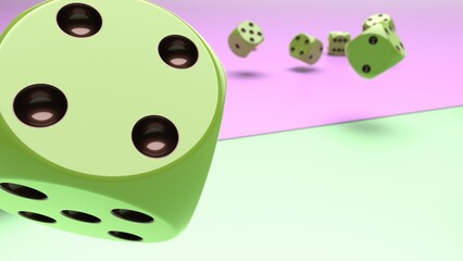 Rolling lime green dices on soft green and pink planes background. Concept image of statistical probability, gambling activities and decisive battle. 3D CG. 3D illustration.