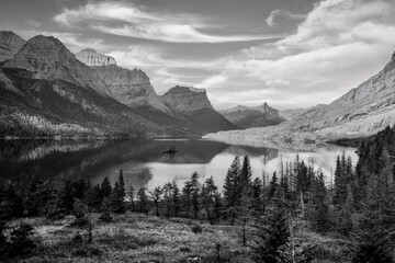Mountains and Wild Goose Island on Saint Mary Lake at Glacier National Park in Montana, USA