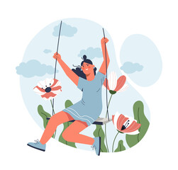 Woman relaxation on swing. Young girl has fun in spring, metaphor for relaxation. Weekends and vacations, lightness and serenity, love of nature and freedom. Cartoon flat vector illustration