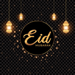 Eid mubarak greeting card. Golden lanterns and stars on black background. Vector illustration