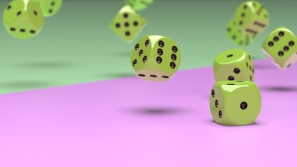 Rolling lime green dices on soft green and pink planes background. Concept image of statistical probability, gambling activities and decisive battle. 3D CG. 3D illustration.