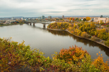 Panoramic view of Ottawa River and Alexandra Bridge in autumn