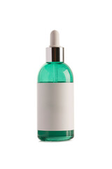 Green bottle of face cosmetic dropper on white background.