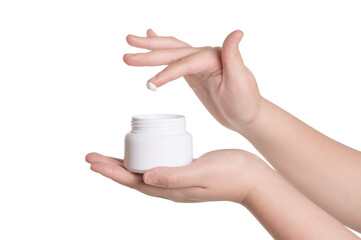 Woman hand holding jar moisturizer cream on white background. Beauty product, cosmetic concept.