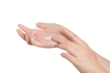 Beautiful woman hand applying cream on hand isolated on white background.