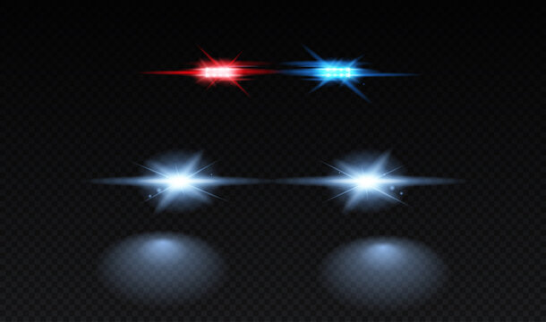 Set of Realistic flashers. Red and blue sirens and headlights for police car. Special devices for lighting car at night. Design for websites. 3D vector collection isolated on transparent background