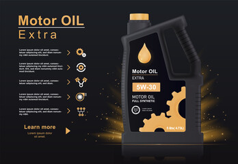 Bottle engine oil concept. Dark template with oil for lubricating car parts and pistons. Design element for advertising and promotion. Landing page. Realistic contemporary 3D vector illustration