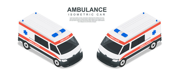 Ambulance Car concept. Vehicle for first aid or emergency medical care. Van for transporting patients to hospital or clinic. Design elements for websites. Cartoon isometric vector illustration