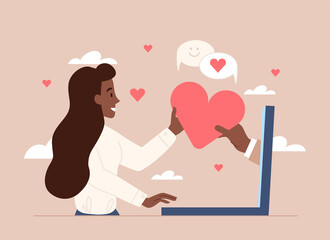 Long distance relationship concept. Couple in love communicates on social networks using laptop or computer. Online dating site. Man gives heart to his girlfriend. Cartoon flat vector illustration