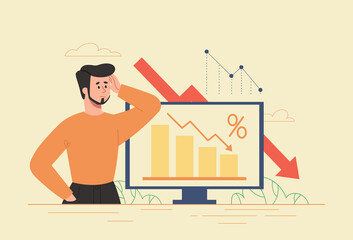 Economic downturn concept. Business problems, financial crisis, loss of profits or bankruptcy. Young male entrepreneur looks at financial statistics and sad. Cartoon flat vector illustration