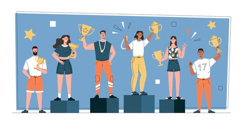 Group of diverse sportive people concept. Young male and female athletes stand on pedestals and hold gold cups. Awarding winners of competition or sports championship. Cartoon flat vector illustration