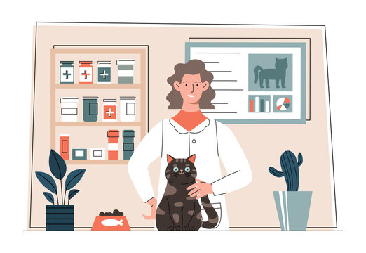 Smiling veterinarian examining cat. Woman vet doctor takes care of animals and treats them. Medical center for pets. Female character performs procedure to kitten. Cartoon flat vector illustration