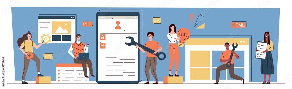 Poster web developers team concept. male and female programmers create software or user interface for appli