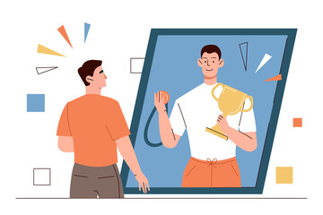 Dreaming near mirror concept. Young man with normal lifestyle looks at reflection and imagines himself successful athlete or sportsman with gold medal or trophy. Cartoon flat vector illustration