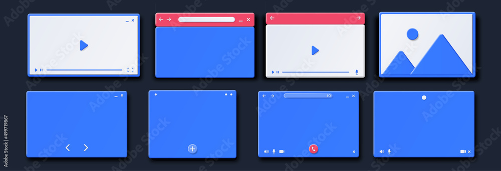 Poster 3d window design application. browser collection, website template, software development set. icons 