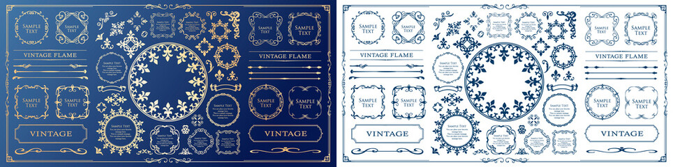 高級感のある豪華なあしらい。見出しや飾り罫のセット。デザイン素材。装飾素材。	
