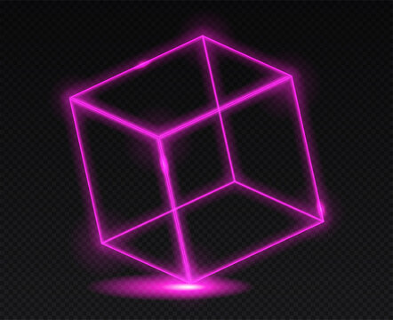 Neon Isometric Cube. Geometric Objects For Website Design. Night Club And Modern Style. Purple Figures And Abstract Image. Realistic Vector Illustration Isolated On Black Transparent Background