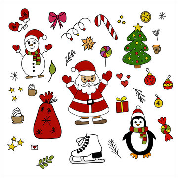 collection of christmas objects and characters isolated on white background. Vector illustration