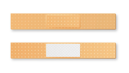 Set of plaster. Long bandage strips for treatment of open wounds. Protection against infections and calluses. Social media sticker. Cartoon flat vector illustrations isolated on white background