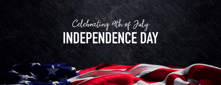 US Flag Banner with Independence Day Caption on Black Slate. Authentic Holiday Background.