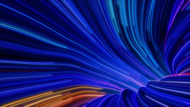 Blue, Turquoise and Orange Colored Streaks form Colorful Swoosh Tunnel. 3D Render.