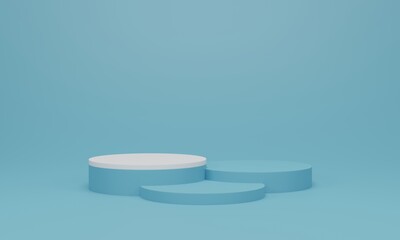 Cylinder podium on light blue background. Abstract minimal scene with geometric forms. Mock up scene to show cosmetic products presentation. 3d rendering, 3d illustration