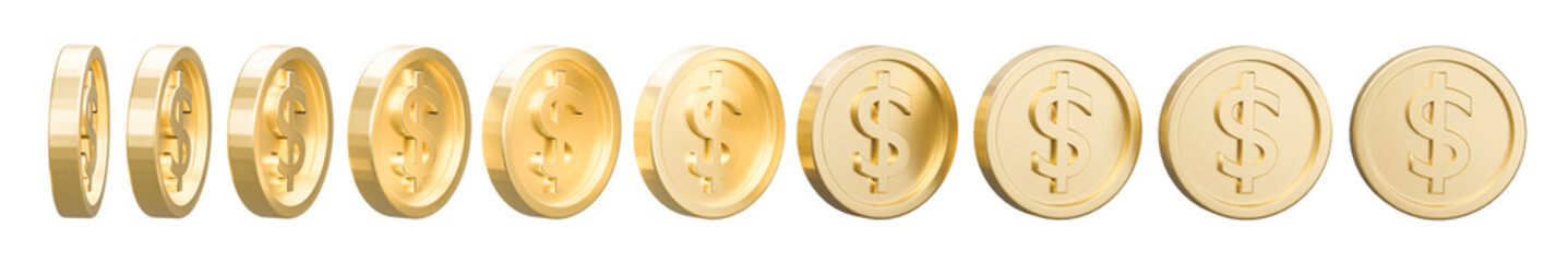 Set of golden dollar coin in different shape on white background. 3d rendering illustration.