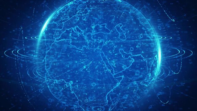 High tech earth rotation, future digital particle earth, world map development background, Internet economy and finance background