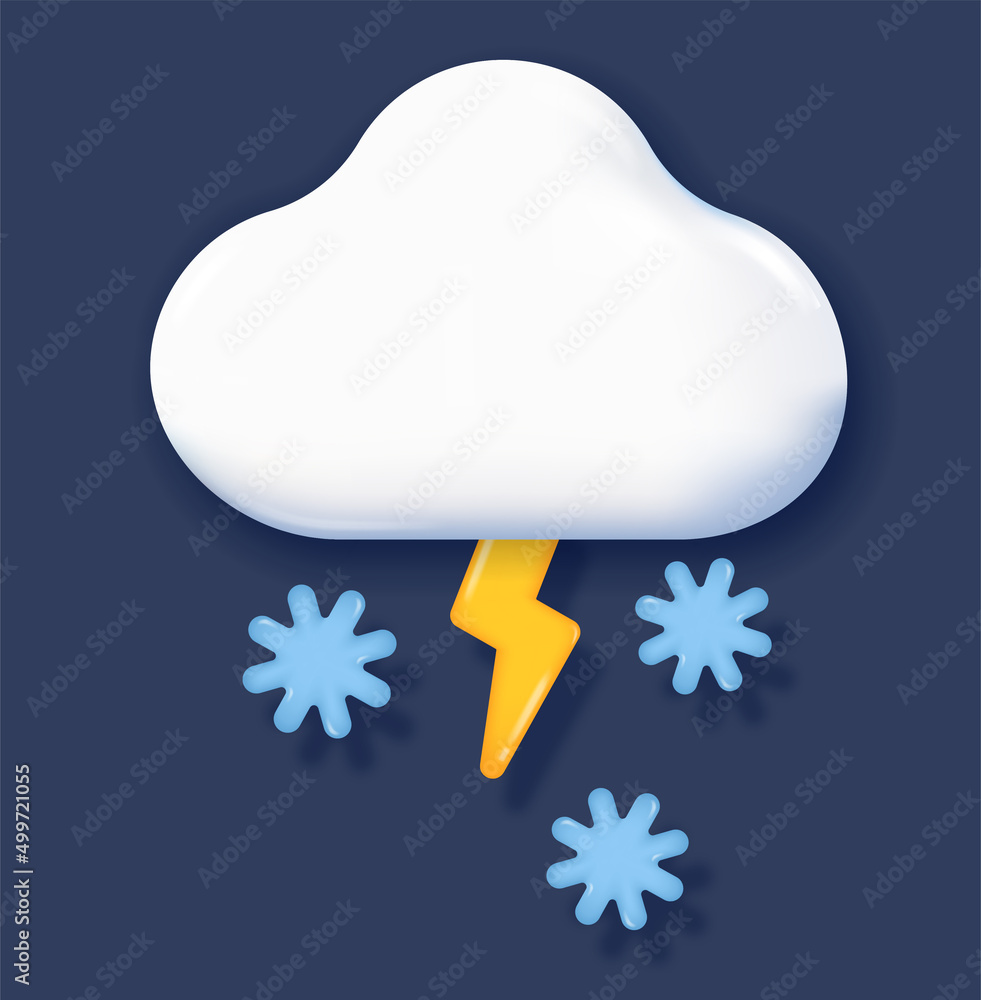 Aufkleber 3d weather icon. element for mobile application with cloud, thunder, lightning and snowfall. cold an