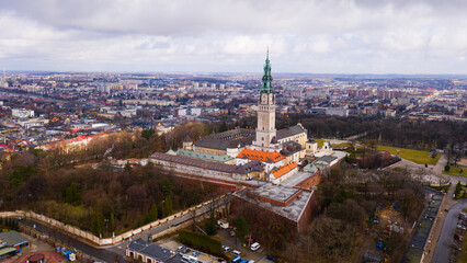 Aerial view of active Catholic Jasna Gora Monastery in Czestochowa on background with modern...
